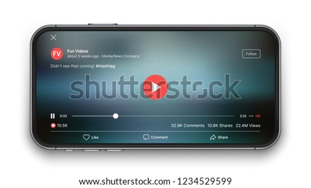 Mobile Video Player Vector UI Concept for Social Network on Photo Realistic Frameless Smartphone Screen Isolated on White Background. Online TV Watching on Device