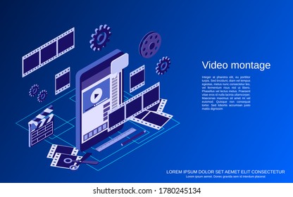 Mobile Video Production, Editing, Montage Flat 3d Isometric Vector Concept Illustration