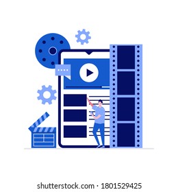 Mobile Video Production, Editing And Montage Concept With Characters. People Making Film Using Smartphone. Modern Vector Illustration In Flat Style For Landing Page, Mobile App, Hero Images.