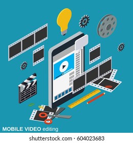 Mobile Video Production, Editing, Montage Flat 3d Isometric Vector Concept Illustration