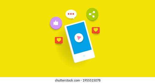 Video móvil, aplicación de video para smartphones, marketing de contenido de video, compartir video en medios sociales con teléfono móvil - ilustración conceptual vectorial con iconos