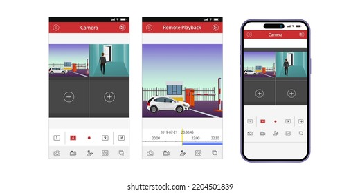 Mobile Videoüberwachungssysteme, Remote-Sicherheitsüberwachung. Mobiltelefon mit mobiler VMS (Video Management System) Schnittstelle. Mobile App-Anwendung. Foto- und Videobildschirm. Vektorgrafik.