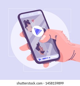 Mobile video watching flat vector illustration. Modern entertainment, multimedia cartoon concept. Media player application interface idea. Hand holding smartphone with play button on display