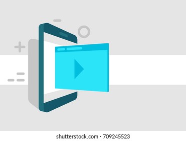 Mobile video watching and presentation concept, smartphone with video media player vector illustration