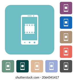 Mobile video white flat icons on color rounded square backgrounds