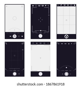 Mobile viewfinder interface. Smartphone camera photo and video shooting, phone snapshot display. Mobile video and photo app vector illustrations. Cell phone application. Focusing screen template