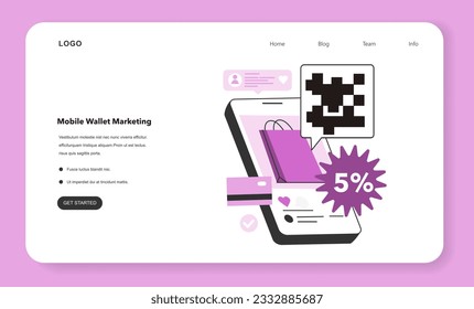 Mobile or virtual wallet marketing web banner or landing page. Personalized loyalty card, passes, and tickets to engage customers. Online transaction for purchase payment. Flat vector illustration