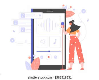 Mobile voice recording studio. Woman is recording a new song, podcast, online course. Character with a microphone standing beside a large smartphone. Vector flat illustration.