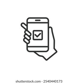 Mobile voting, icon in line design. Mobile voting, online, digital ballot, smartphone voting, electronic polling, mobile app on white background vector. Mobile voting editable stroke icon