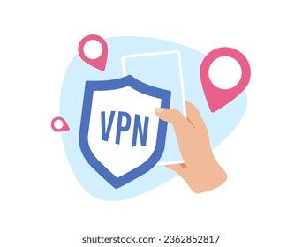 Mobile VPN App concept. Secure Privacy with Virtual Private Network Service. VPN protects personal data in smartphone. Vector illustration isolated on white background with icons