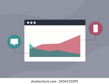 Nutzungsstatistiken für mobile und Desktops. Wachstumsraten des mobilen Datenverkehrs. SEO Mobile-first-Indexierung - Optimierung des Marketings für den mobilen Datenverkehr. Vektor-Illustration auf grauem Hintergrund mit Symbolen