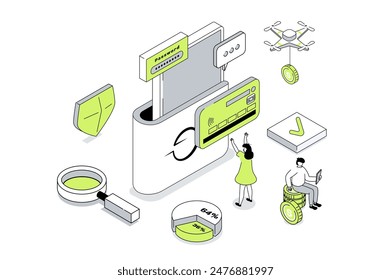 Concepto isométrico 3d del App de la cartera móvil en el diseño de la isometría del contorno para el Web. Personas de gestión de Cuenta financiera y tarjetas de crédito en el servicio bancario en línea, haciendo transferencia de dinero. Ilustración vectorial.