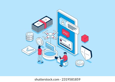 Mobile wallet app concept in 3d isometric design. People managing and controlling financial accounts and credit cards at online banking service. Vector illustration with isometry scene for web graphic