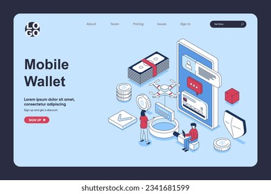 Mobile wallet app concept in 3d isometric design for landing page template. People managing personal financial accounts and credit cards, using online banking service. Vector illustration for web