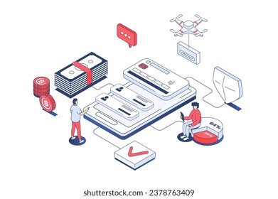 Mobile wallet app concept in 3d isometric design. Clients managing personal financial credit cards and accounts in online banking. Vector illustration with isometry people scene for web graphic