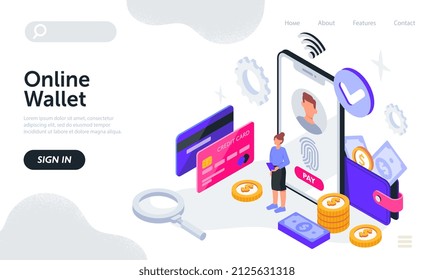 Mobile wallet app, contactless electronic payments. Woman stands next to large smartphone screen, bank cards and money. Getting access to transaction. Cartoon isometric vector illustration for landing