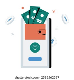 Mobile Wallet With Cash In Flat Vector Illustration Symbolizing Digital Payments, E Wallet Transactions, And Online Finance, Isolated On White Background.