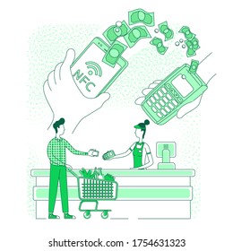 Mobile wallet, e-payment thin line concept vector illustration. Smartphone payment, cashier and buyer at supermarket checkout 2D cartoon characters for web design. Smart app creative idea