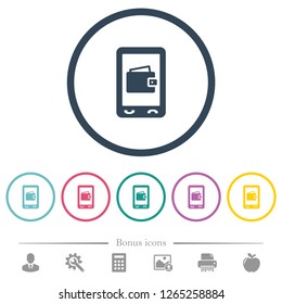 Mobile wallet flat color icons in round outlines. 6 bonus icons included.