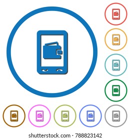 Mobile wallet flat color vector icons with shadows in round outlines on white background