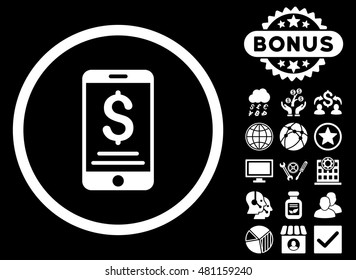 Mobile Wallet icon with bonus. Vector illustration style is flat iconic symbols, white color, black background.