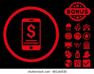 Mobile Wallet icon with bonus. Vector illustration style is flat iconic symbols, red color, black background.