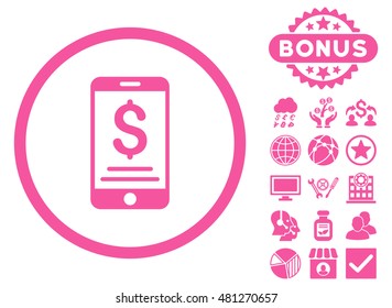 Mobile Wallet icon with bonus. Vector illustration style is flat iconic symbols, pink color, white background.