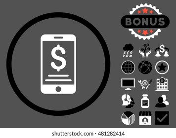 Mobile Wallet icon with bonus. Vector illustration style is flat iconic bicolor symbols, black and white colors, gray background.