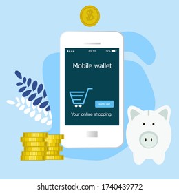 Mobile wallet with money savings, finance and banking and budget management, financial profit isolated vector illustration. Piggy bank with money.