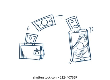 mobile wallet money transaction online bills payment application concept on white background sketch doodle vector illustration