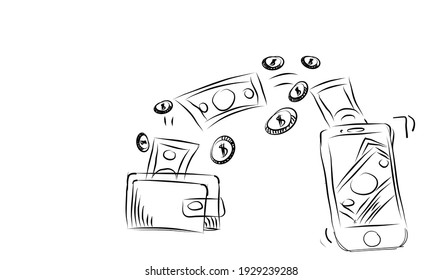 Mobile wallet money transaction online bills payment application concept on white background sketch doodle vector illustration