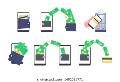Mobile wallet money transaction set - flat cartoon smartphone with dollar bill and gold coin symbols showing wireless terminal payment, fund transfer and withdrawal - isolated vector illustration