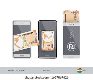 Mobile wallet, online money transfer with 200 Indian Rupee banknote. Flat style vector illustration.