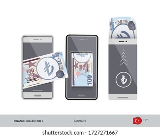 Mobile wallet, online money transfer with 100 Turkish Lira banknote. Flat style vector illustration.