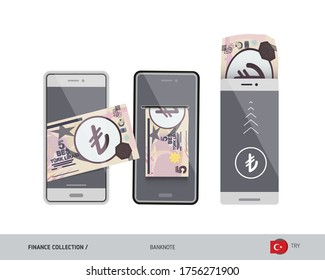 Mobile wallet, online money transfer with 5 Turkish Lira banknote. Flat style vector illustration.