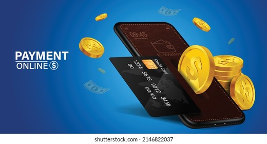 Mobile wallet online on blue background concept of spending money online through internet .Coin drop in smartphone.concept of designing an online wallet through smartphone.online payment on mobile.