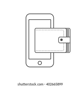 Mobile wallet, outline vector flat style illustration, pay