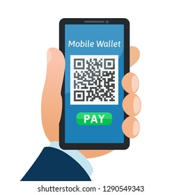 Mobile wallet payment concept. Phone with qr code and button pay on screen. Business illustration on white background, flat, icon.