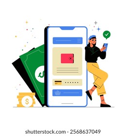 Mobile Wallet Payment With Female User In Flat Vector Illustration Symbolizing Digital Transactions, Finance, And Secure Payments, Isolated On White Background