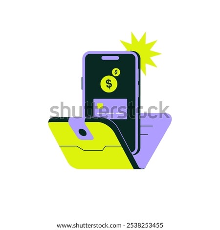 Mobile Wallet With Payment Icons In Flat Vector Illustration Symbolizing Online Banking, Finance, And Digital Wallet, Isolated On White Background.