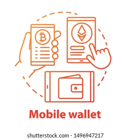 Mobile wallet red concept icon. Banking application idea thin line illustration. Carrying credit card information on smartphone. Digital money transfer. Vector isolated outline drawing