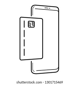 Mobile wallet. Smartphone and credit card. Vector outline icon isolated on white background.