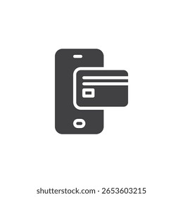 Ícone sólido de carteira móvel em estilo de vetor de glifo. Um telefone cheio com cartão de crédito que representa pagamento móvel. Ícone de carteira digital e símbolo de financiamento de comércio eletrônico.