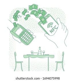 Mobile wallet thin line concept vector illustration. Person paying restaurant bill with smartphone 2D cartoon character for web design. NFC, cashless payment, money transfer creative idea