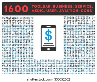 Mobile Wallet vector icon and 1600 other business, service tools, medical care, software toolbar, web interface pictograms. Style is bicolor flat symbols, blue and gray colors, rounded angles, white