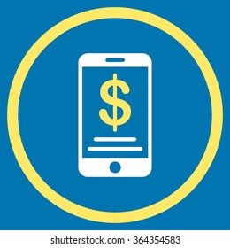 Mobile Wallet vector icon. Style is bicolor flat circled symbol, yellow and white colors, rounded angles, blue background.