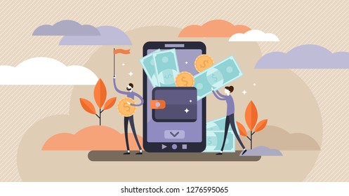 Ilustración vectorial de monedero móvil. Concepto de personas pequeñas y planas con transferencia de dinero de la aplicación de dinero en efectivo al smartphone. Pagar mediante transacción de tecnología inalámbrica. Cuenta moderna de depósito de financiación para clientes