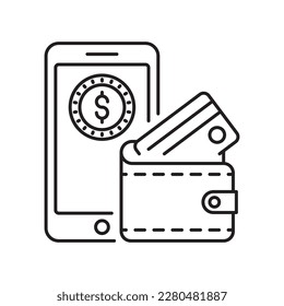 Ilustración de diseño del icono Esquema del vector de cartera móvil. Símbolo de tecnología móvil sobre archivo EPS 10 de fondo blanco