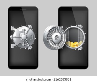 Mobile wallet vector. Safety box with opened and closed door on phone screen realistic 3d illustration. E-banking, security and protection for money and finance concept
