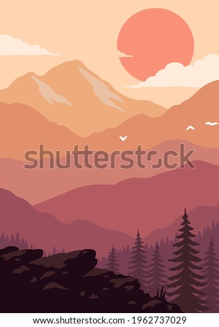 Mobile wallpaper in modern minimalist mountain abstract with big sun. Nature flat design landscape background. vector illustration
